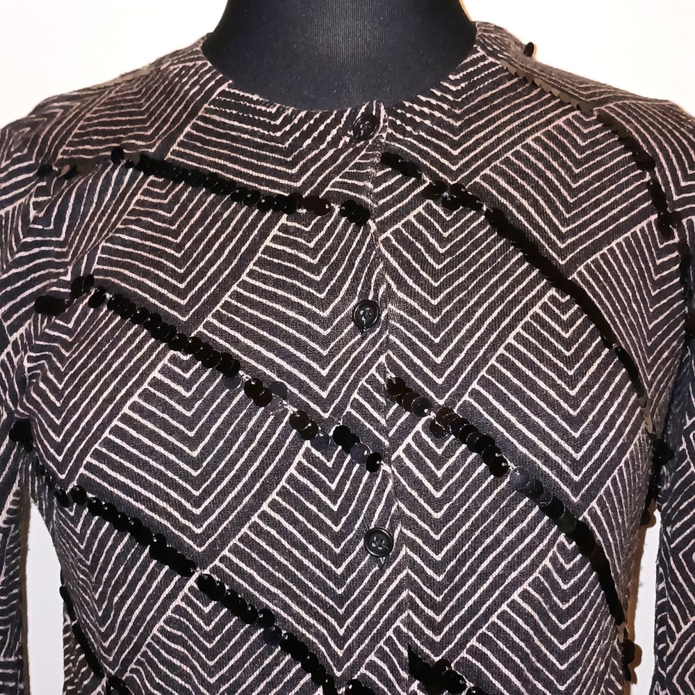 Classic Art Deco Shimmer‎ Holiday Party Loft Black Tan Sequin Cardigan Sweater M